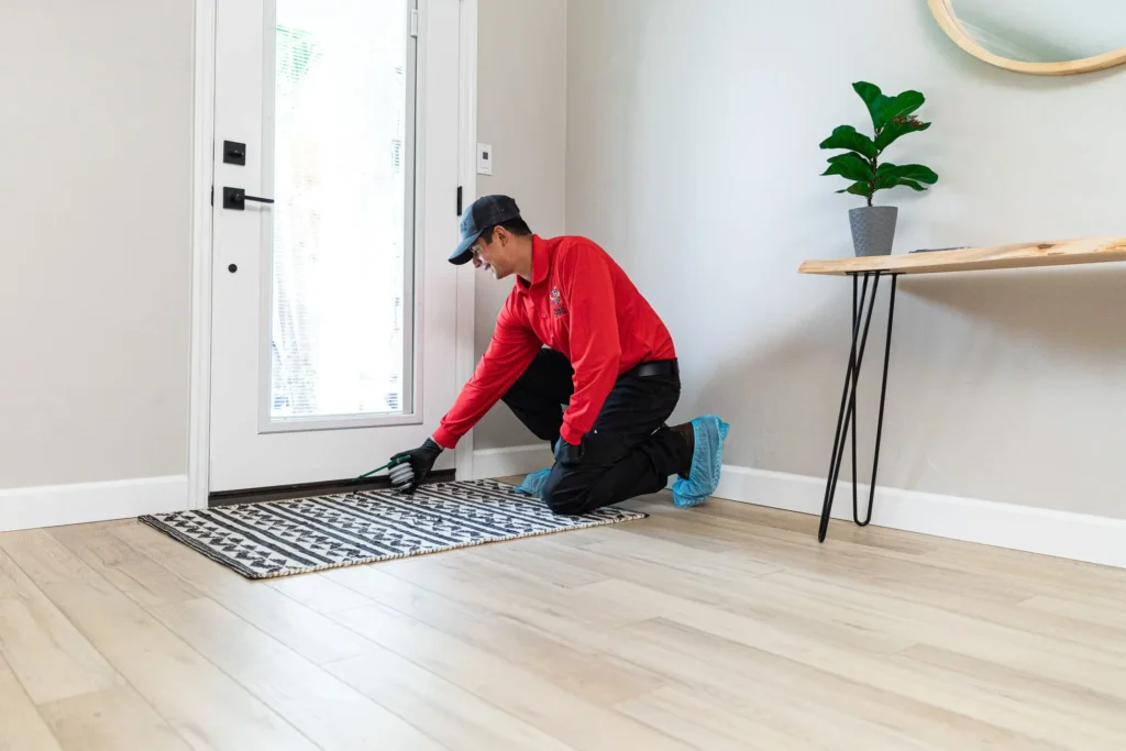 man spraying pest control substance under door