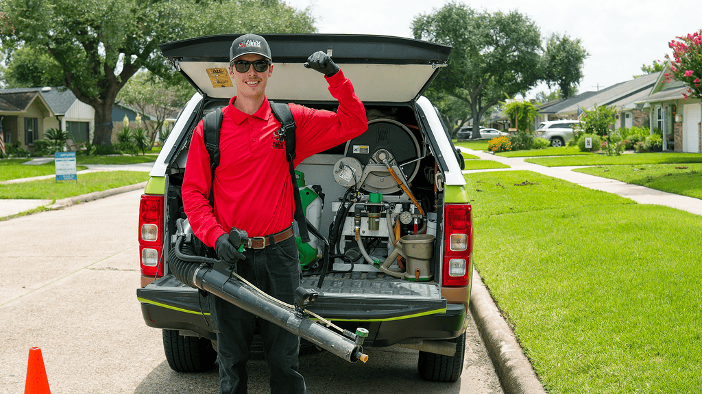texas all u need pest control technician in front of a branded service vehicle
