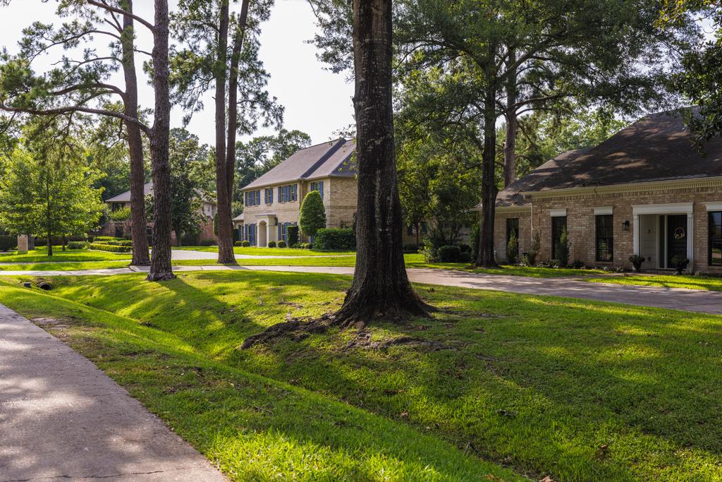 Luxurious single-family homes line a peaceful street in an affluent East Houston in Texas. Trees provide shade over meticulously manicured lawns. Houses showcase a mix of traditional and colonial styles with brick facades, columns, and large windows