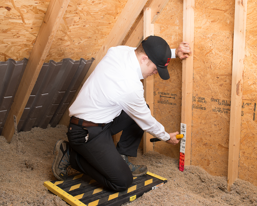 A worker installing TAP insulation and monitoring the R value of the insulation using a measuring stick.